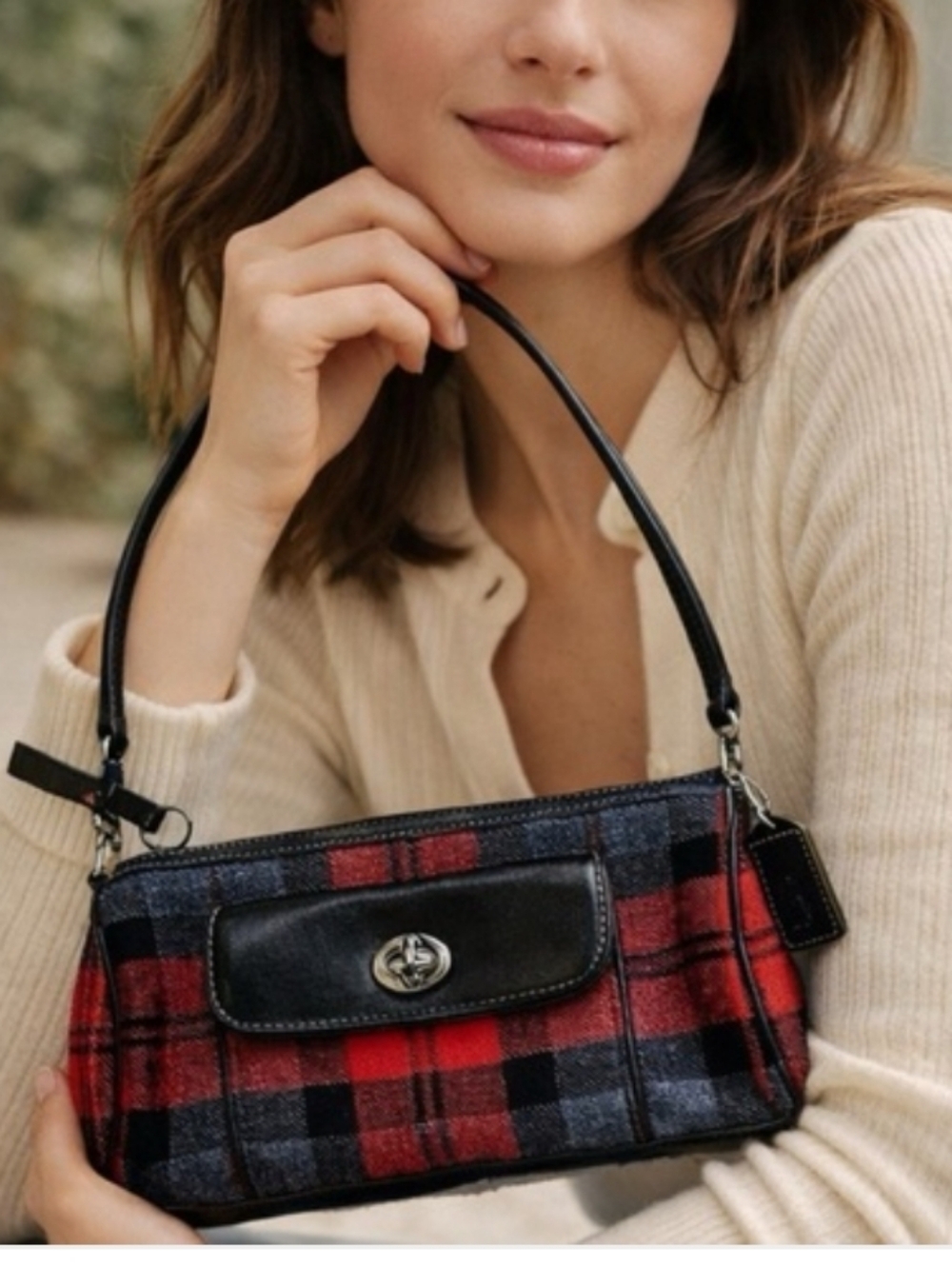 Coach Red Wool & Leathear and Black   Plaid Shoulder Bag